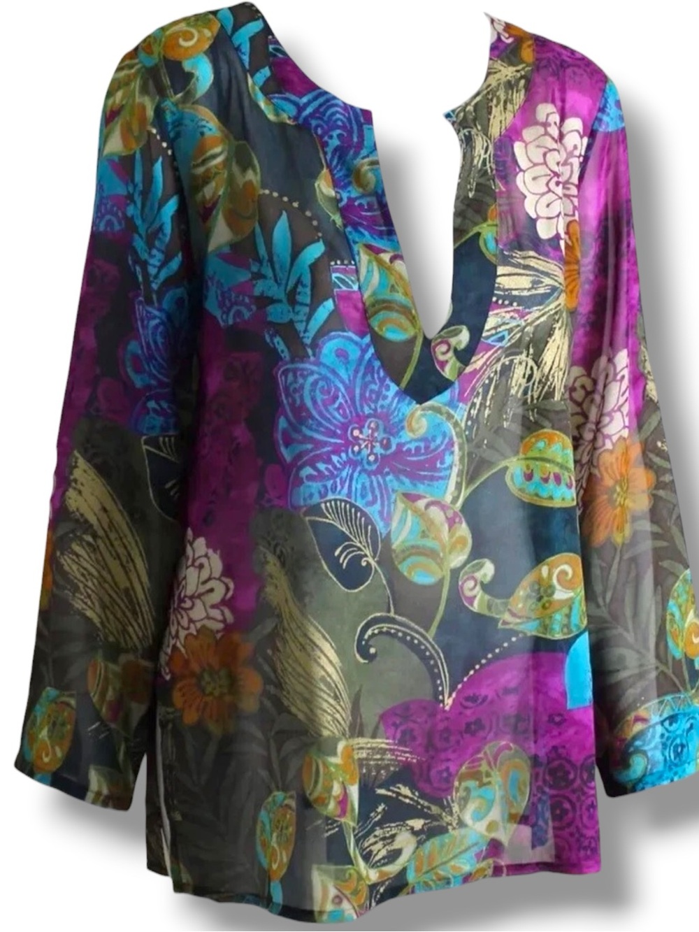 Chico’s 100% Silk Abstract Floral Tunic Top Semi Sheer Jewel Tone US 4 - Picture 5 of 15